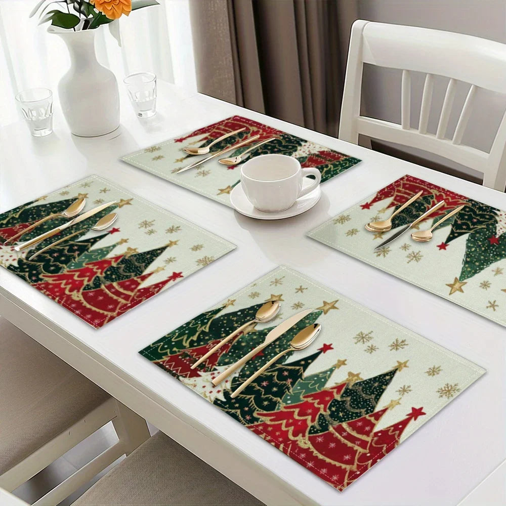 4/6/8/10Pcs Christmas Tree Printed Placemats, Washable Kitchen Table Mats, Christmas Decorative Placemats