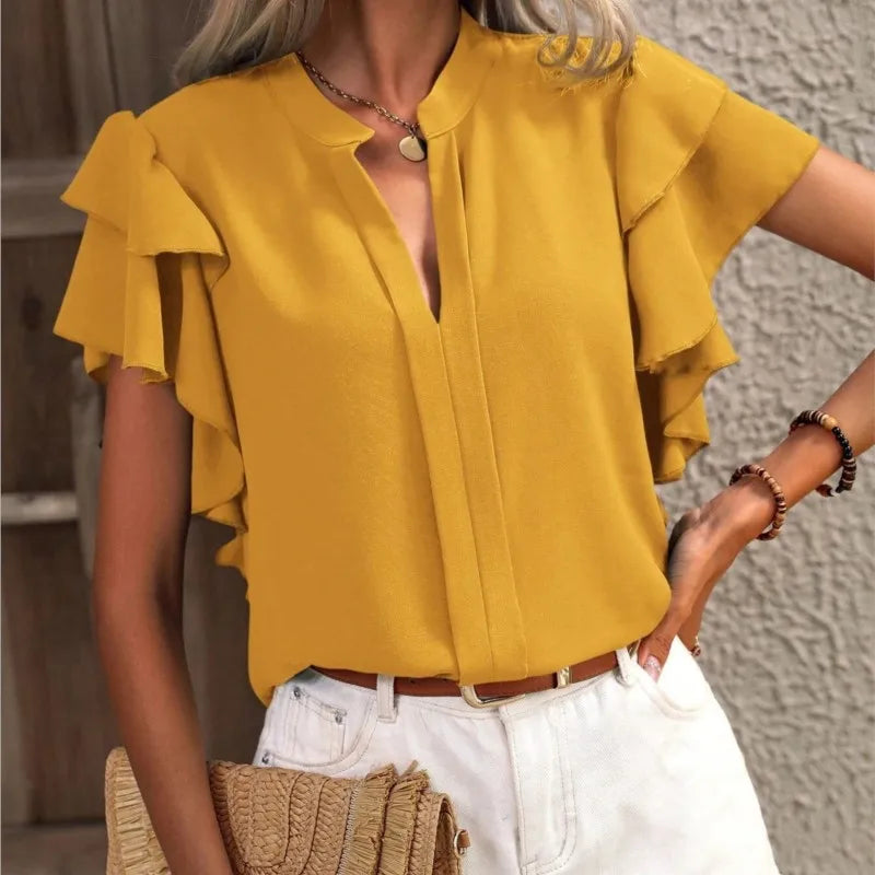 Elegant Women Summer Blouse V-neck Casual Double Layered Ruffle Sleeves