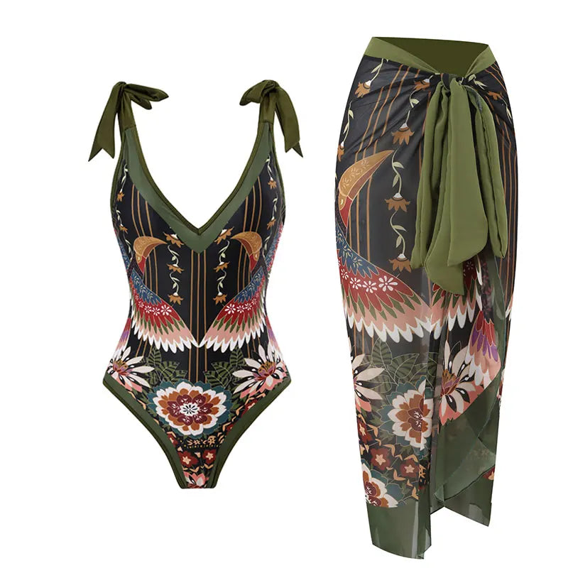 2-Piece Women Brazilian Floral Printed Ruffle Bikinis Strappy Bandage Swimwear