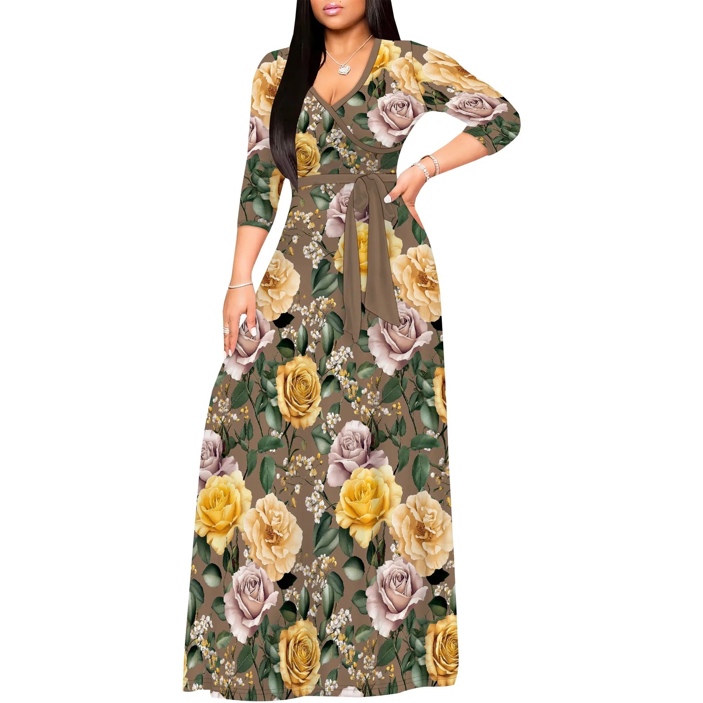 Romantic Floral V-Neck 3/4 Sleeve Wrap Maxi Dress with Belt
