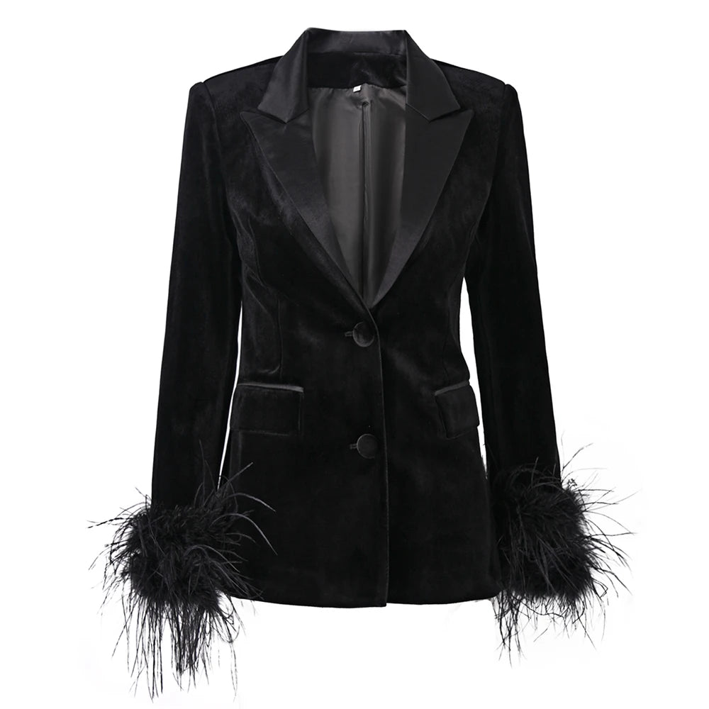 Women Velvet Fluffy Feather Patchwork Jacket Blazer