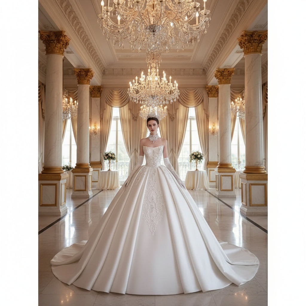 Strapless Luxurious Satin Wedding Bridal Dress Beaded Embroidery Trailing Customized