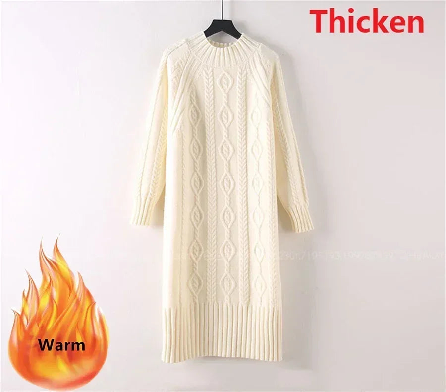 Women Winter Thicken Plus Velvet Sweater Dress Mock Neck Rib Knit Midi With Coats