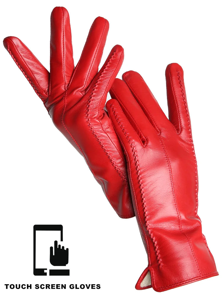 Women's Leather winter warm gloves with velvet thin touch screen