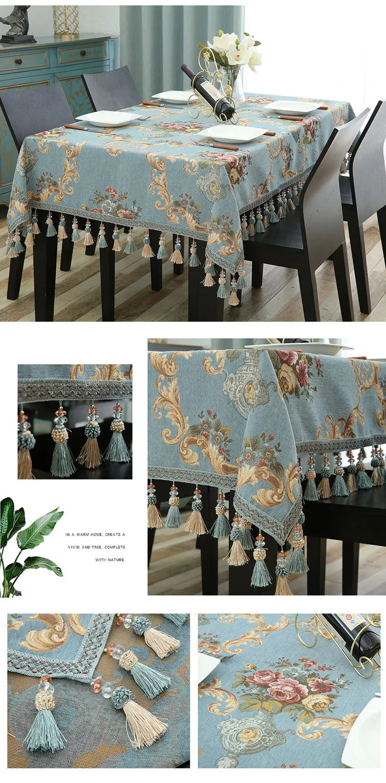 Luxury Jacquard Tablecloth with Tassel Pendant Chenille Fabric Rectangular Table Cover European Living Room Coffee Table Cloth