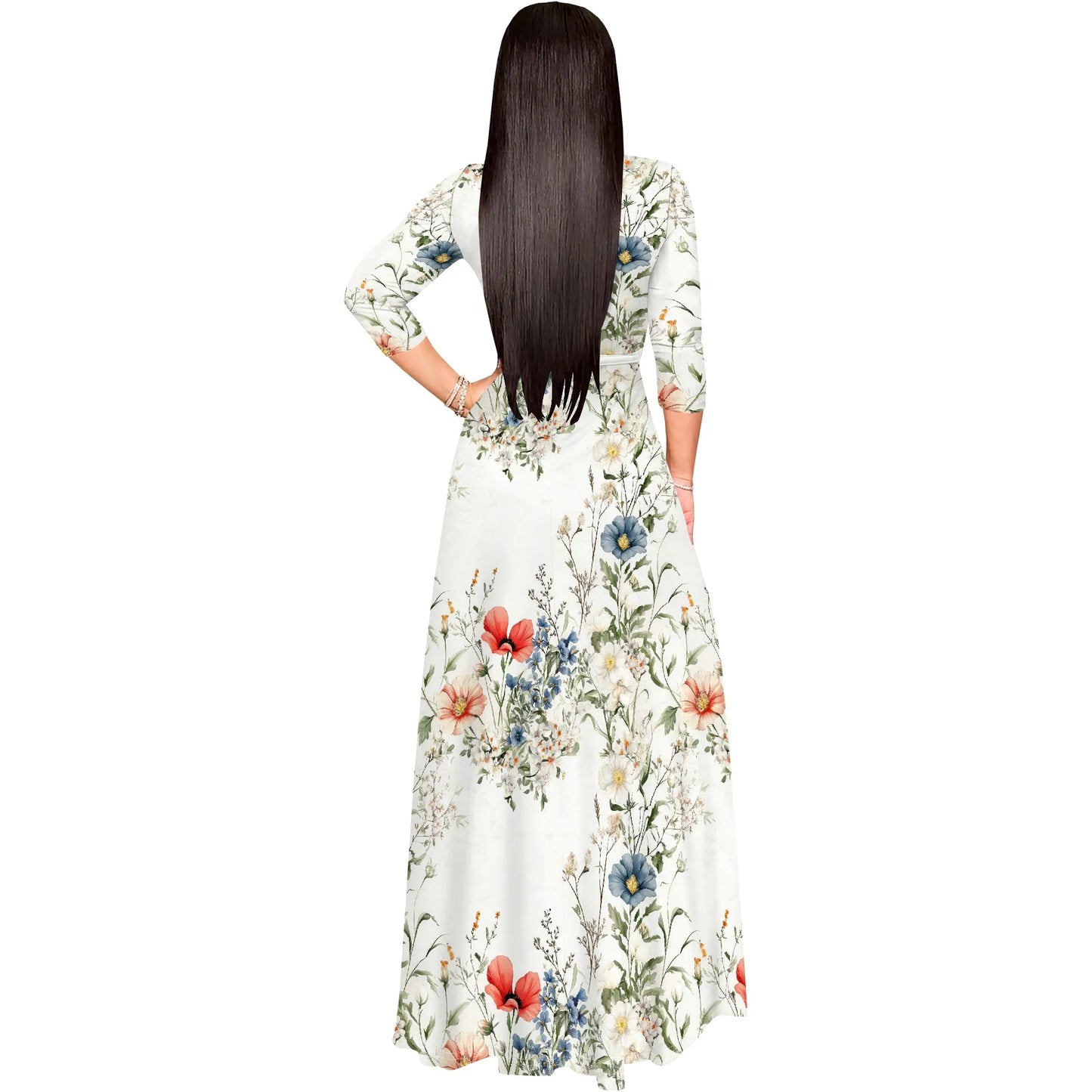 Romantic Floral V-Neck 3/4 Sleeve Wrap Maxi Dress with Belt