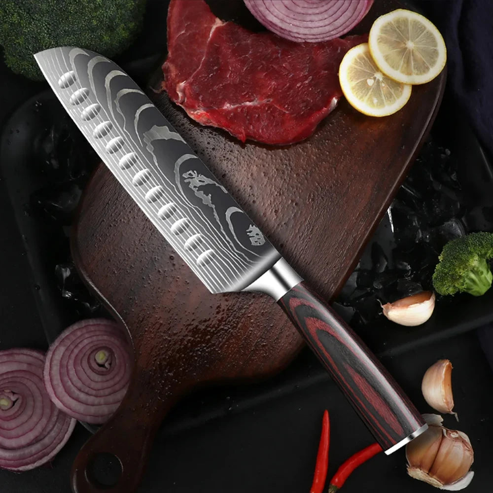 Damascus Laser Steel Kitchen Chef Knives with Shear Cutter and Wooden Handle