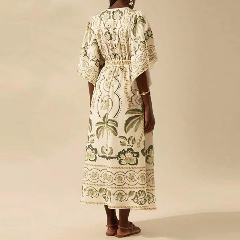 Summer Tropical Plant V-Neck Bohe Elegant Half Sleeve Loose Party Dress A-line