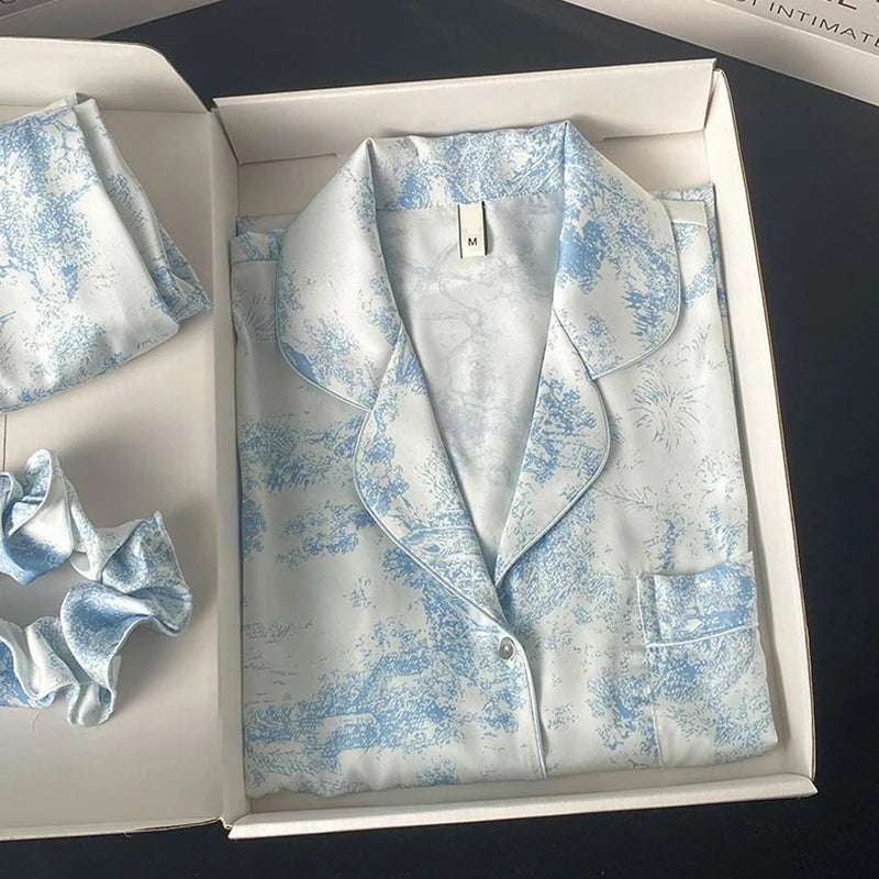 New Ice Silk Women Pajama Lapel Button Cardigan 2 Piece Set