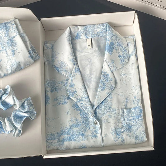 New Ice Silk Women Pajama Lapel Button Cardigan 2 Piece Set