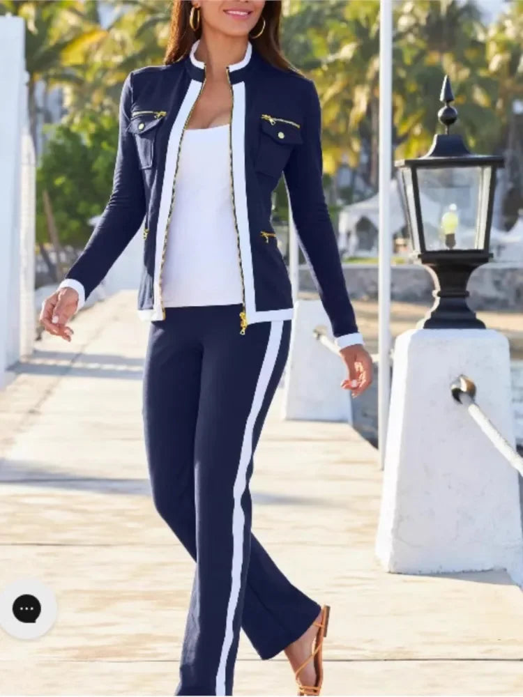 Women Two Piece Sets Zipper Jacket Straight Pants Set