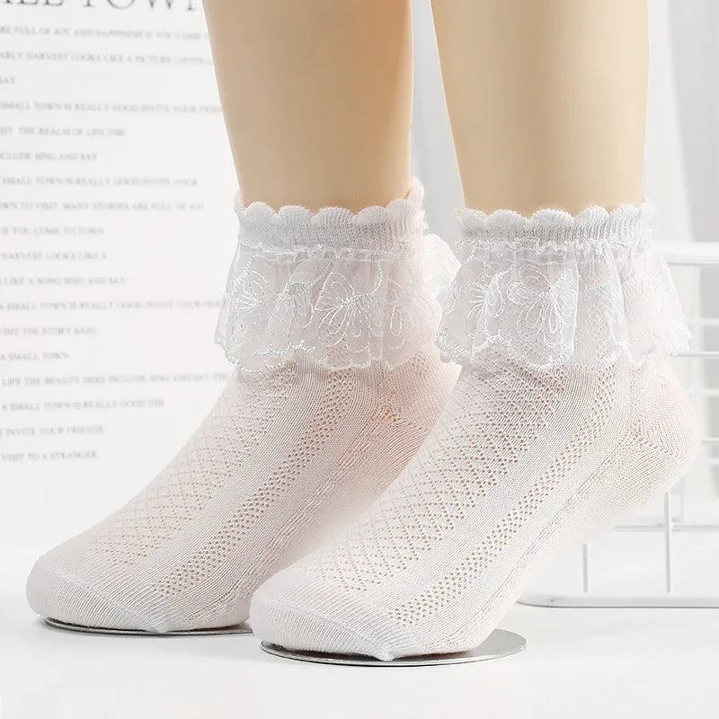 Breathable Cotton Socks with Ruffle Lace