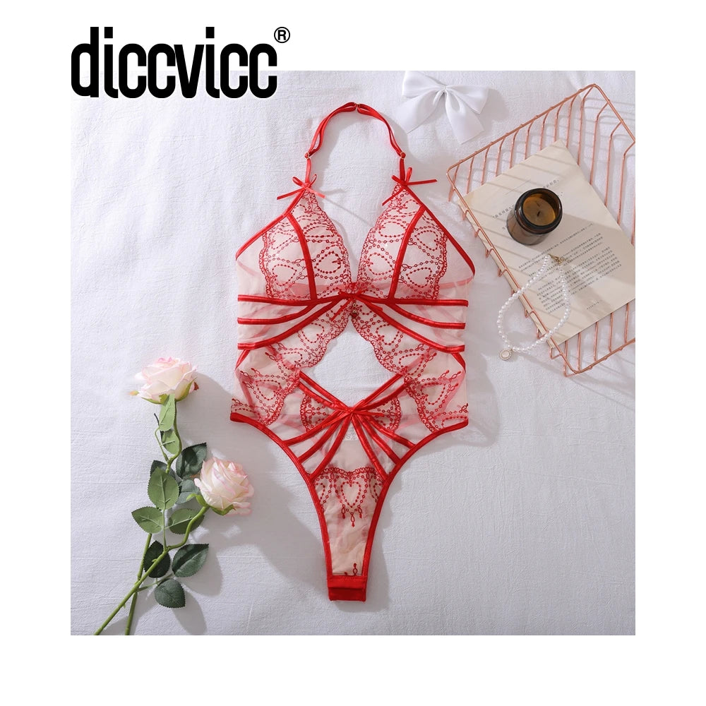 Embroidery Love Heart Bodysuit Sheer Lace See Through Body Lingerie