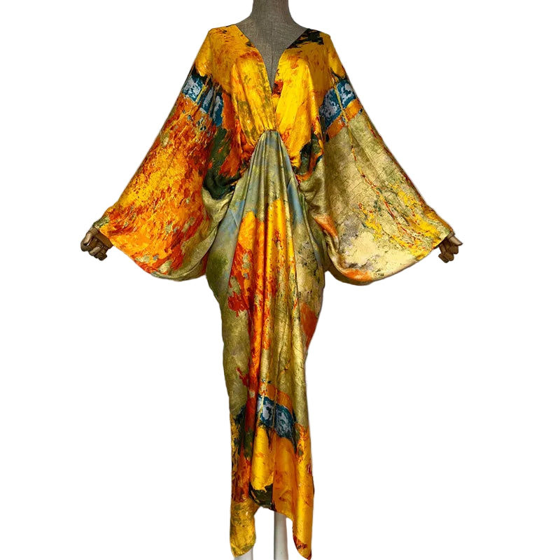 Sexy Silk Long Maxi Robe Women V-neck Bohemian Dress