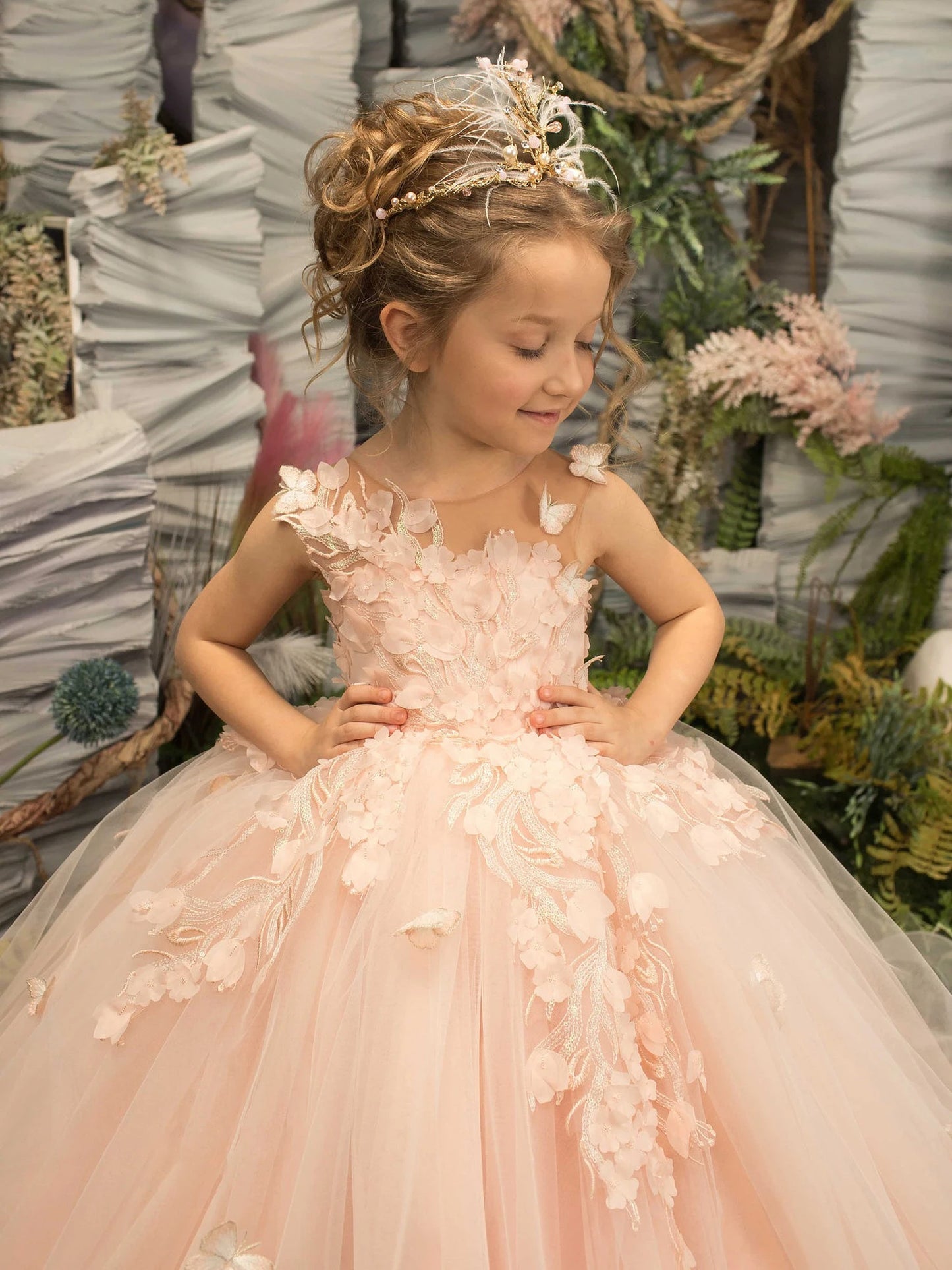 3D Floral Embroidery Bridesmaid Flower Girl Dress