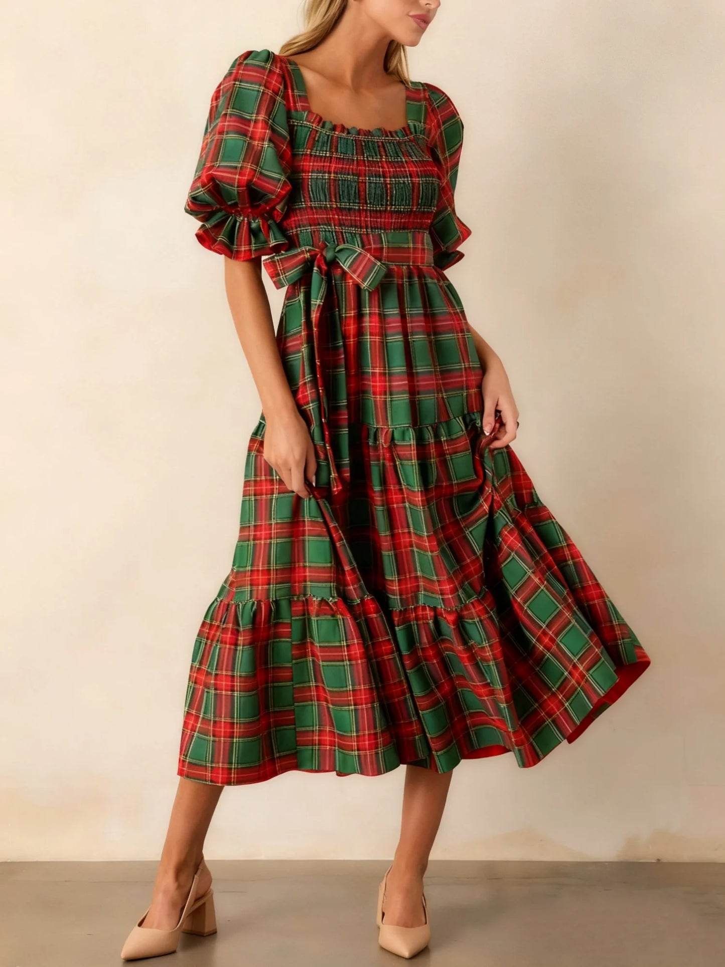 Christmas Classic Plaid Print Square Neck Puff Sleeve A Line Long Dress with Bow Decor Club Party Dresses