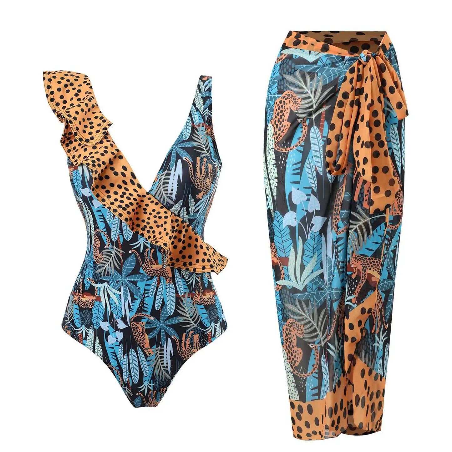 2-Piece Women Brazilian Floral Printed Ruffle Bikinis Strappy Bandage Swimwear