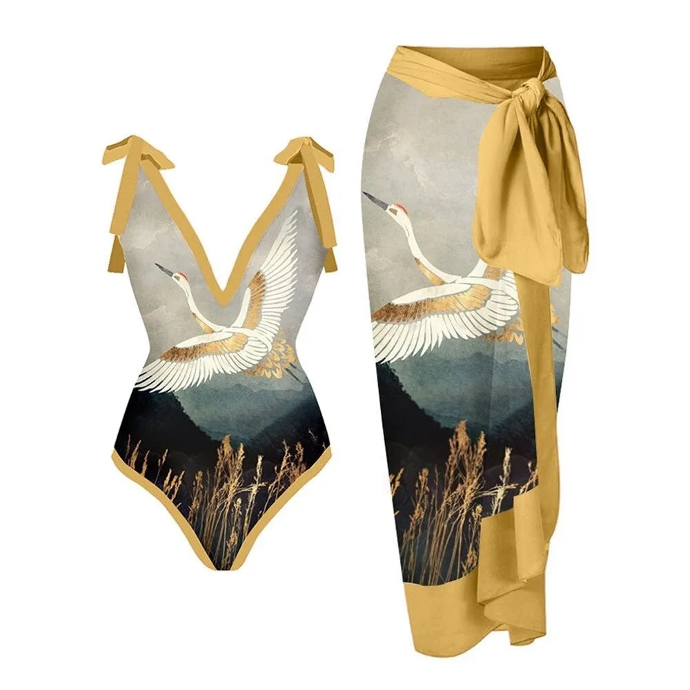 2-Piece Women Brazilian Floral Printed Ruffle Bikinis Strappy Bandage Swimwear