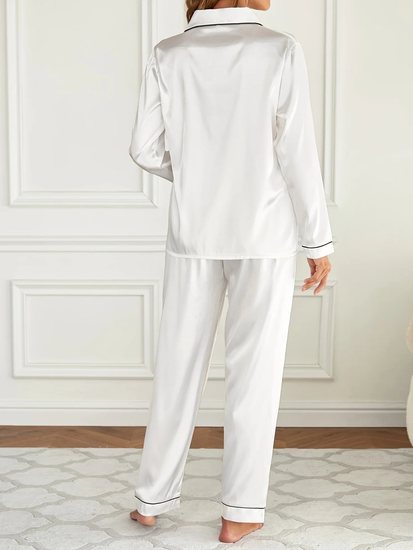 Women Solid Pajama Set Long Sleeve Button Up Lapel Top & Pants
