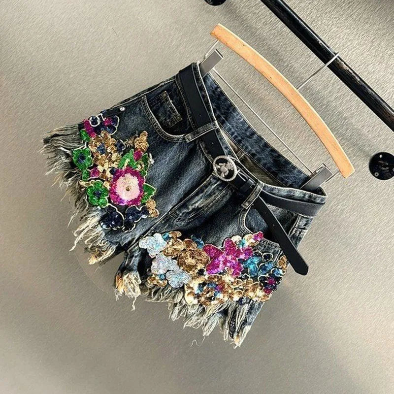 Women Sequin Floral Print Denim Shorts