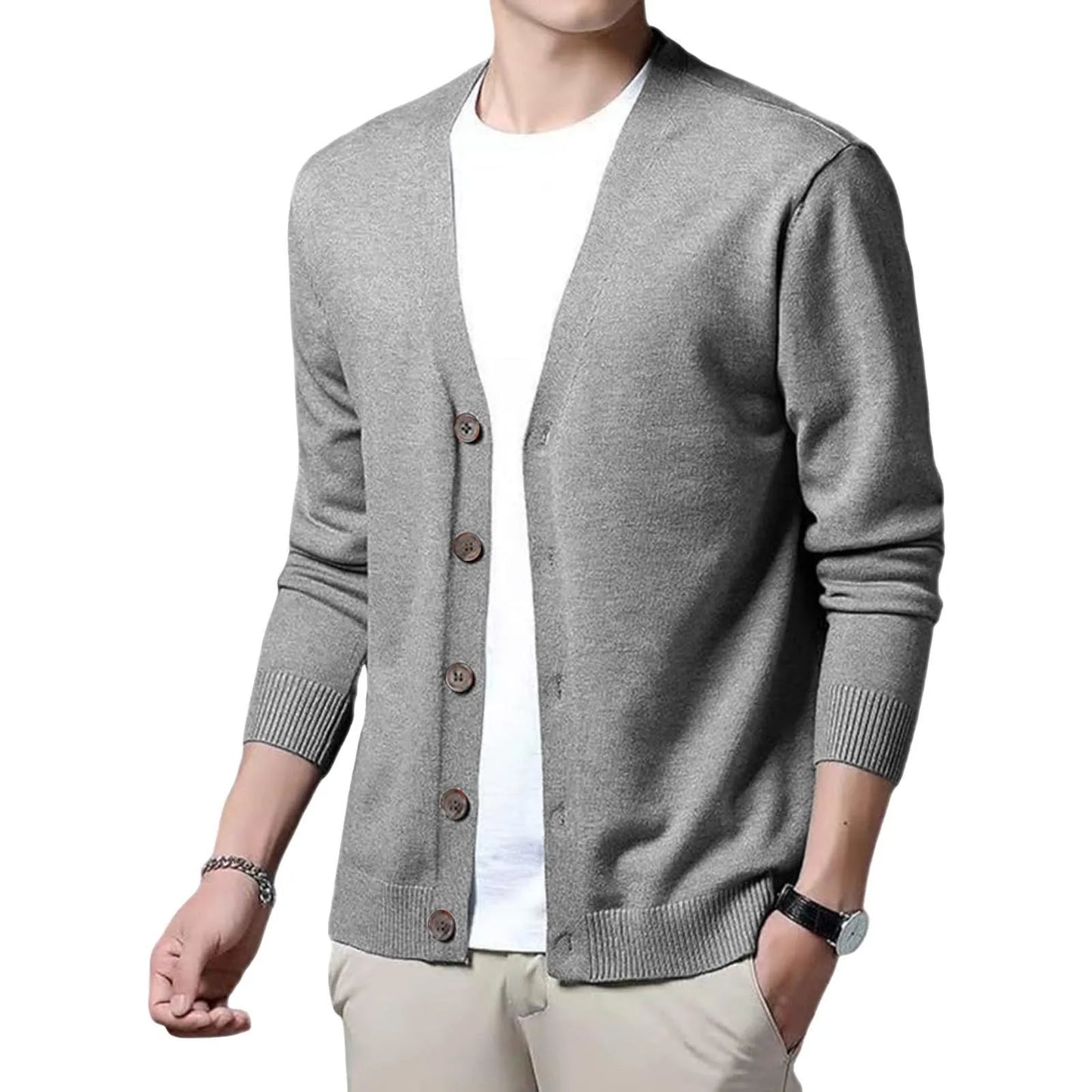 Men's V Neck Cardigan Sweater Single Breasted Ribbed Knitted