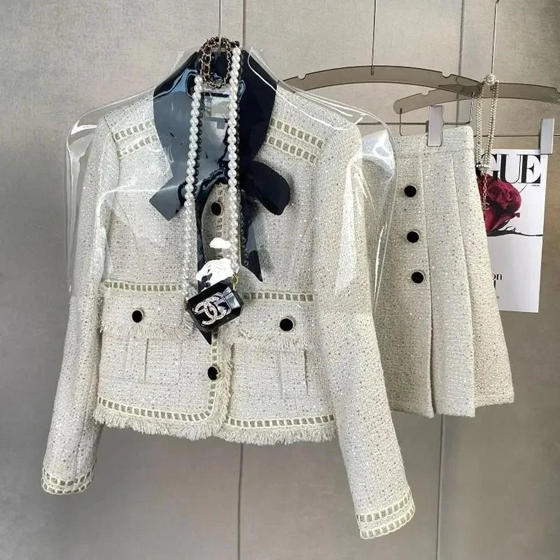 Women Elegant Winter Tweed Fragrant Suit Jacket Coat Top & Skirt Two Piece Set