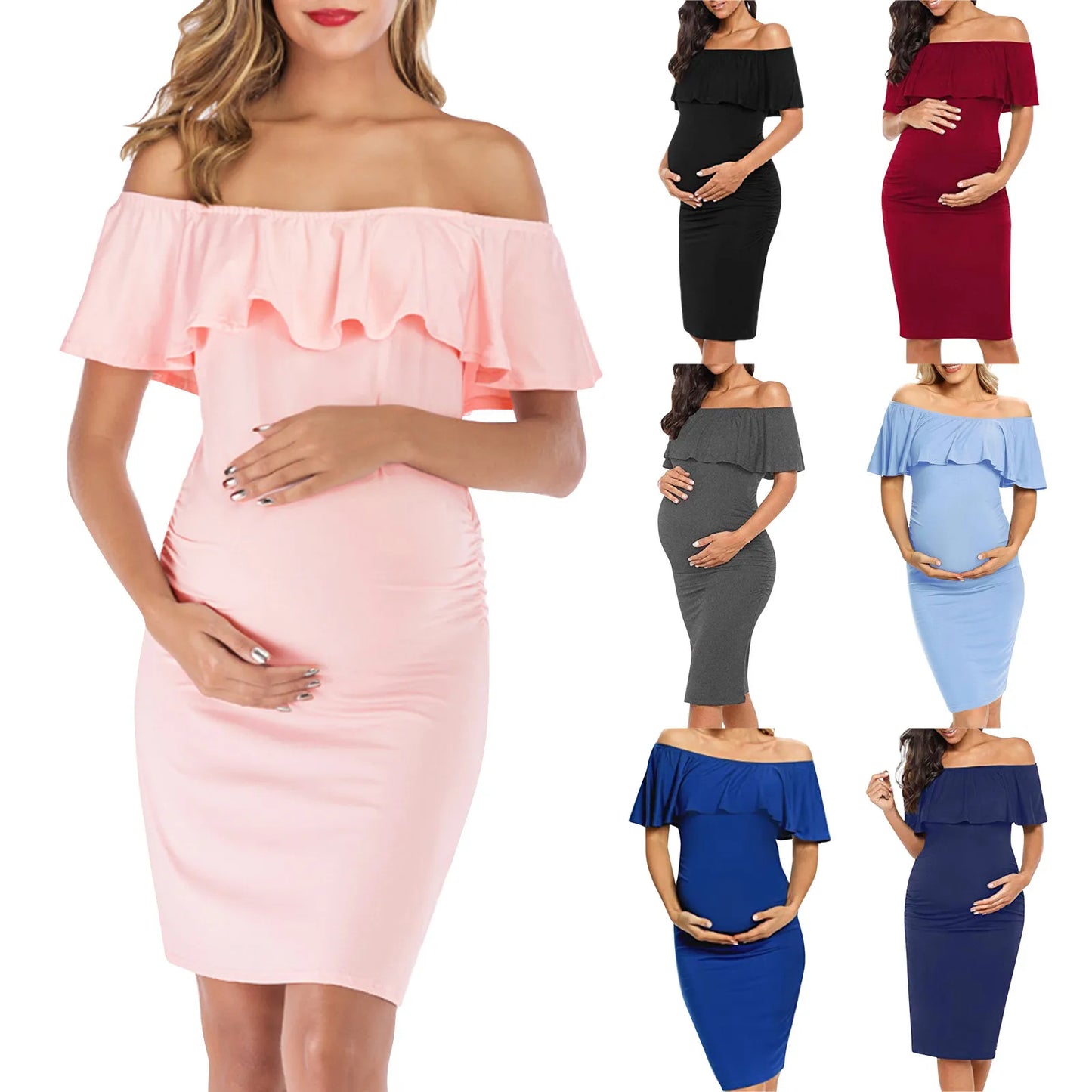 Maternity Dress Short Sleeve Slash Ruffles