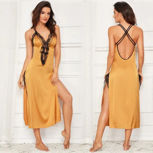 Women Intimate Sexy Silk Satin Long Nightgown Chemise Sleepwear