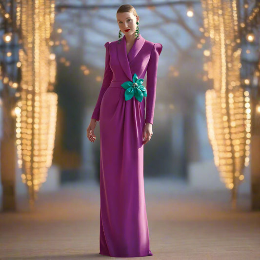 Formal Evening Dress Long Sleeves V Neck Belt Mermaid Evening Gowns