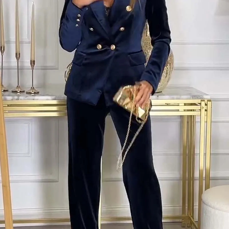 Women Double-breasted Velvet Suit Trousers Two-piece Set Autumn Winter