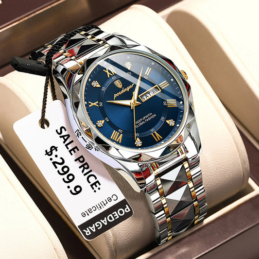 POEDAGAR Top Brand Luxury Men's Waterproof Stainless Steel Quartz Watch Luminous Calendar Week