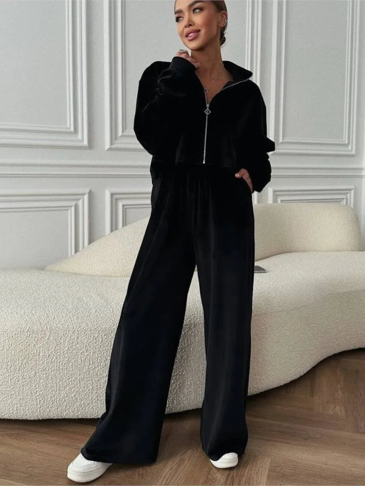 Autumn Winter Solid Casual Velvet Two Piece Tracksuit Sets for Women