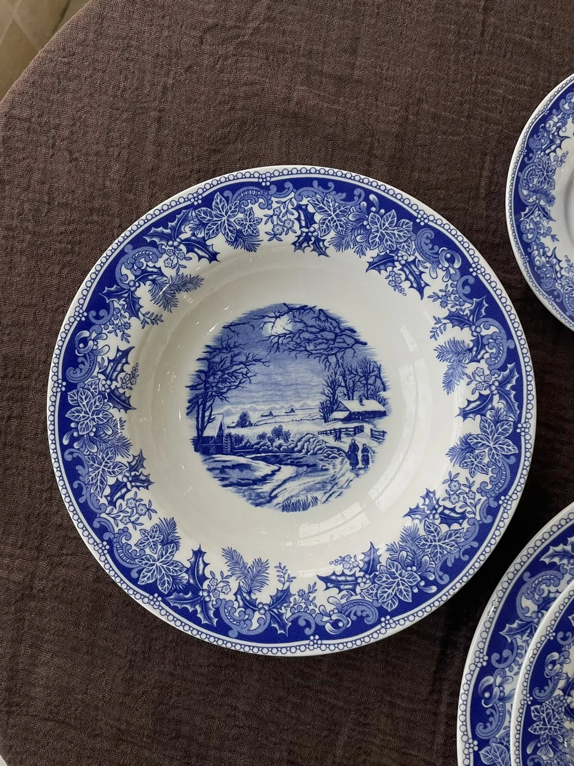 American country style winter snow scenery, glazed color steak, pasta, dinner plate, afternoon tea, coffee cup, plate