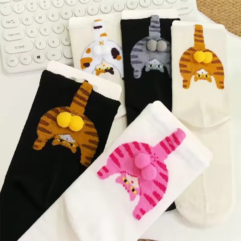 2 Pairs/5 Pairs Autumn Winter New Funny Cat Print Loose Socks Women Girls Comfortable Mid-Calf Socks