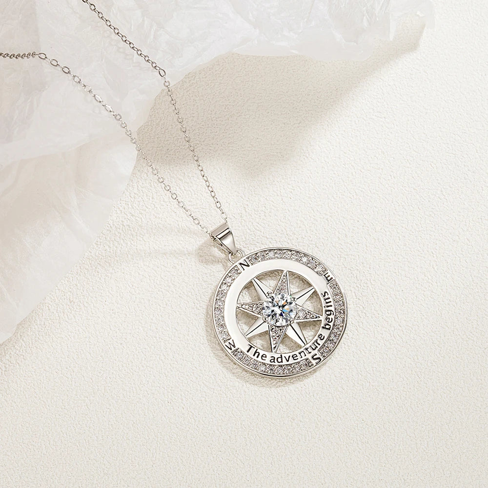 925 Sterling Silver Necklace Compass Necklace with Cubic Zirconia Stone for Women High Quality Jewelry
