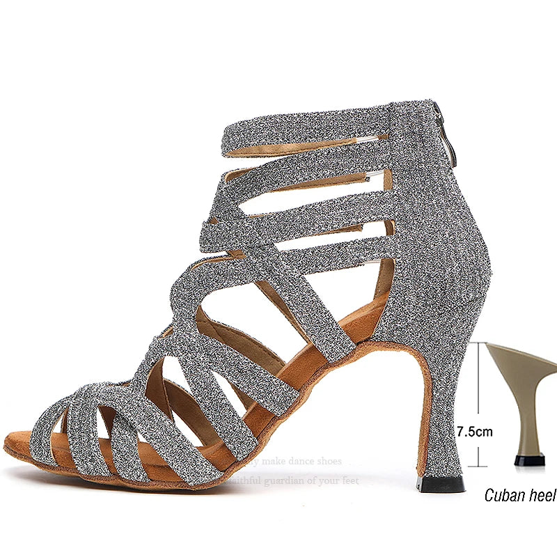 Dance Shoes Latin Gold Sandals For Women Cross straps Comfortable Low heel Square Samba Shoes