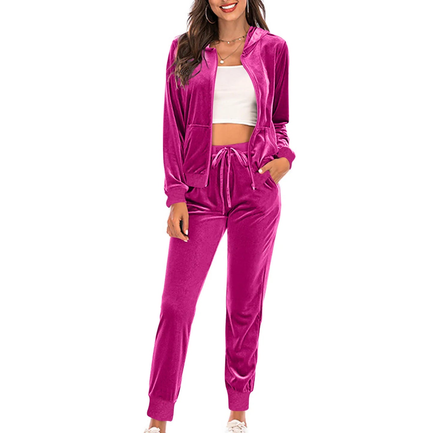 Women Spring Velvet Tracksuit 2 Piece Sweatshirt Sweatpants Set Full Zip Hoodie