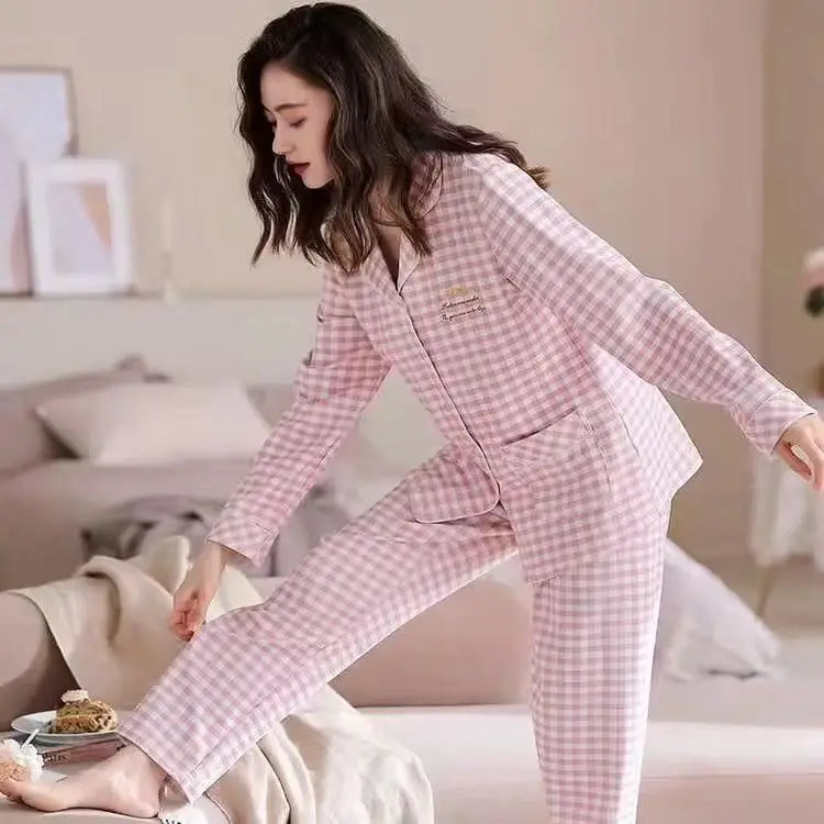 High Quality Large Size Women Cotton Pajamas Button down Tops and Trousers Set Sleepwear Homewear