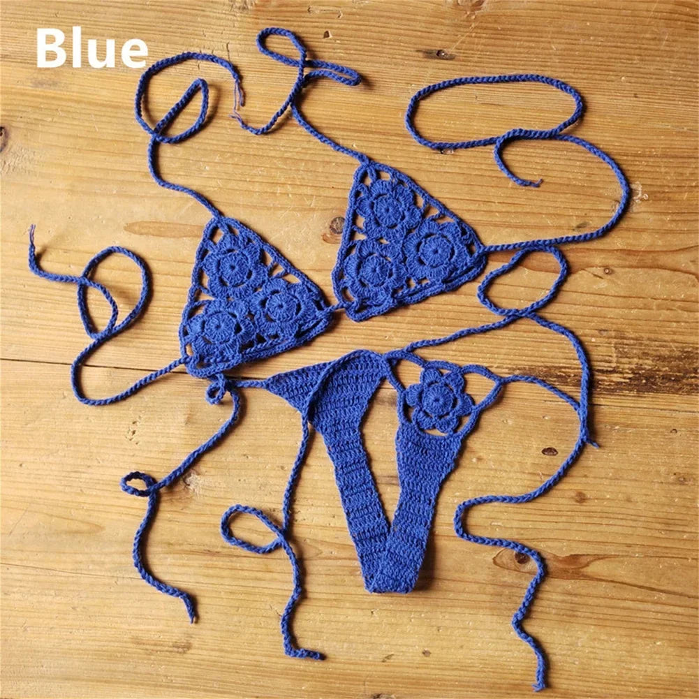 Women Sexy Handmade Bikini Sets Crochet Flower Solid Color Lace Thong String Swimwear Sunbathing Swimsuit Beach Wear Lace-up