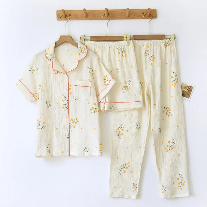 Summer women's cotton crepe three-piece short sleeve + shorts + trousers large size simple flower pajamas