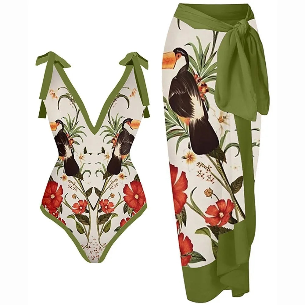 2-Piece Women Brazilian Floral Printed Ruffle Bikinis Strappy Bandage Swimwear