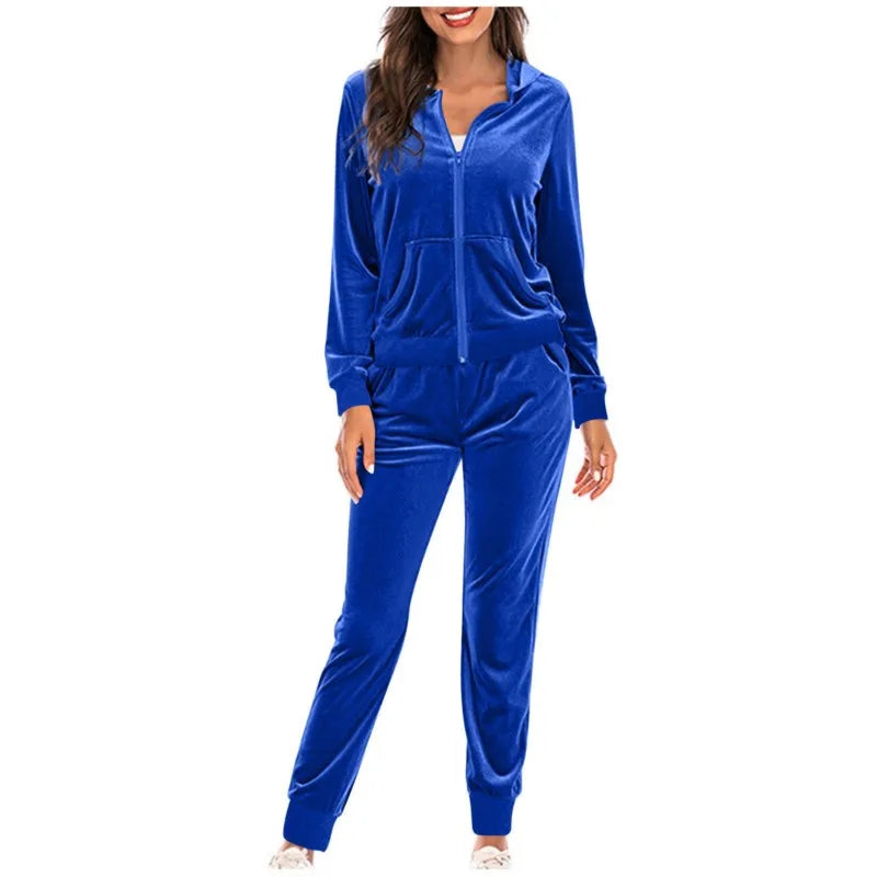 Women Spring Velvet Tracksuit 2 Piece Sweatshirt Sweatpants Set Full Zip Hoodie