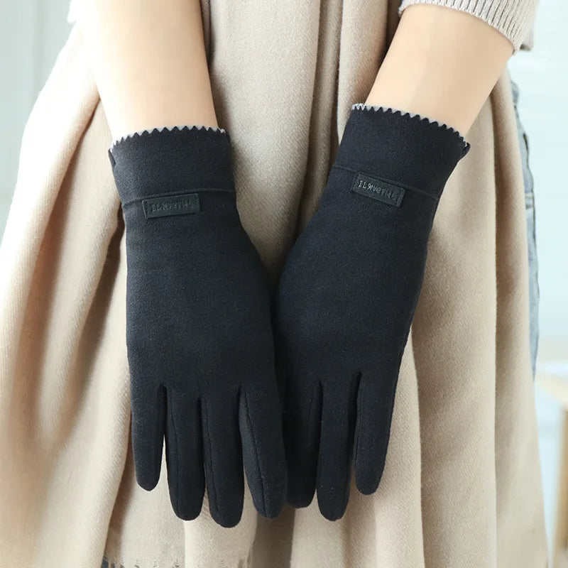Women Slim Vintage Windproof Touch Screen Suede Winter Gloves