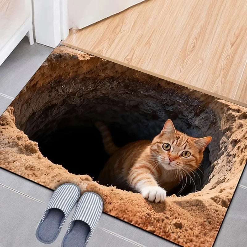 3D Optical Illusion Cat Round Hole Door Mat Home Absorbent Anti-slip Carpet Living Room Bed Bathroom Doorway Decor Rug
