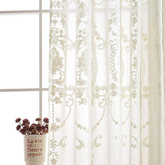 White Floral European Style Tulle Sheer Curtain Embroidered Window Curtains