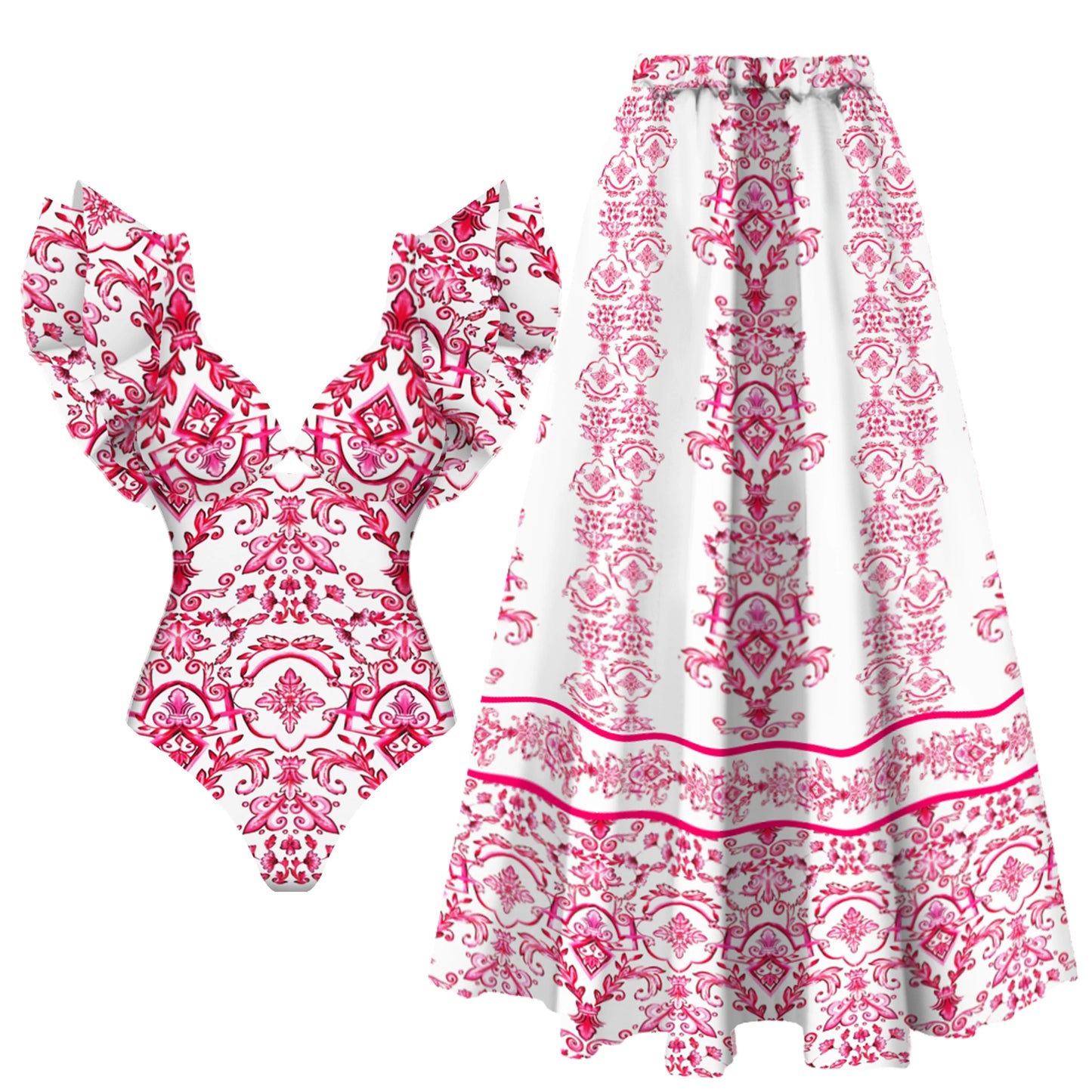 2-Piece Shoulder Ruffle Swimsuit With Cover Up Sexy Beachwear