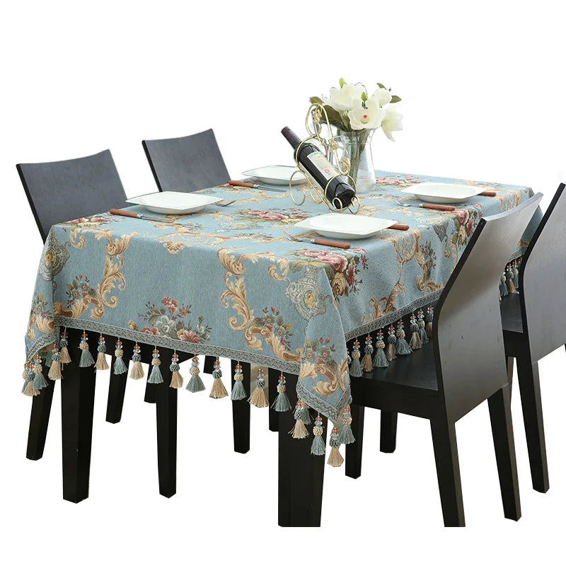 Luxury Jacquard Tablecloth with Tassel Pendant Chenille Fabric Rectangular Table Cover European Living Room Coffee Table Cloth