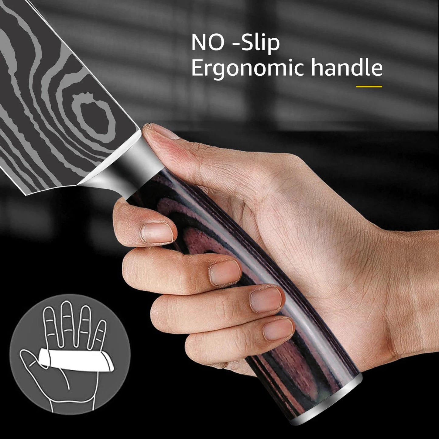 Damascus Laser Steel Kitchen Chef Knives with Shear Cutter and Wooden Handle