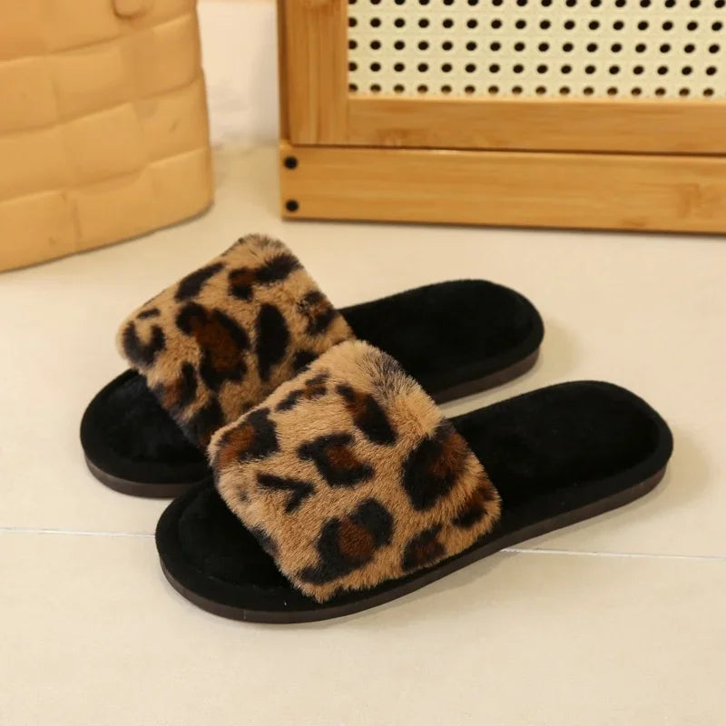 Warm EVA Winter Women's Leopard Print Slippers Plush Fur Slides Flip Flops Indoor