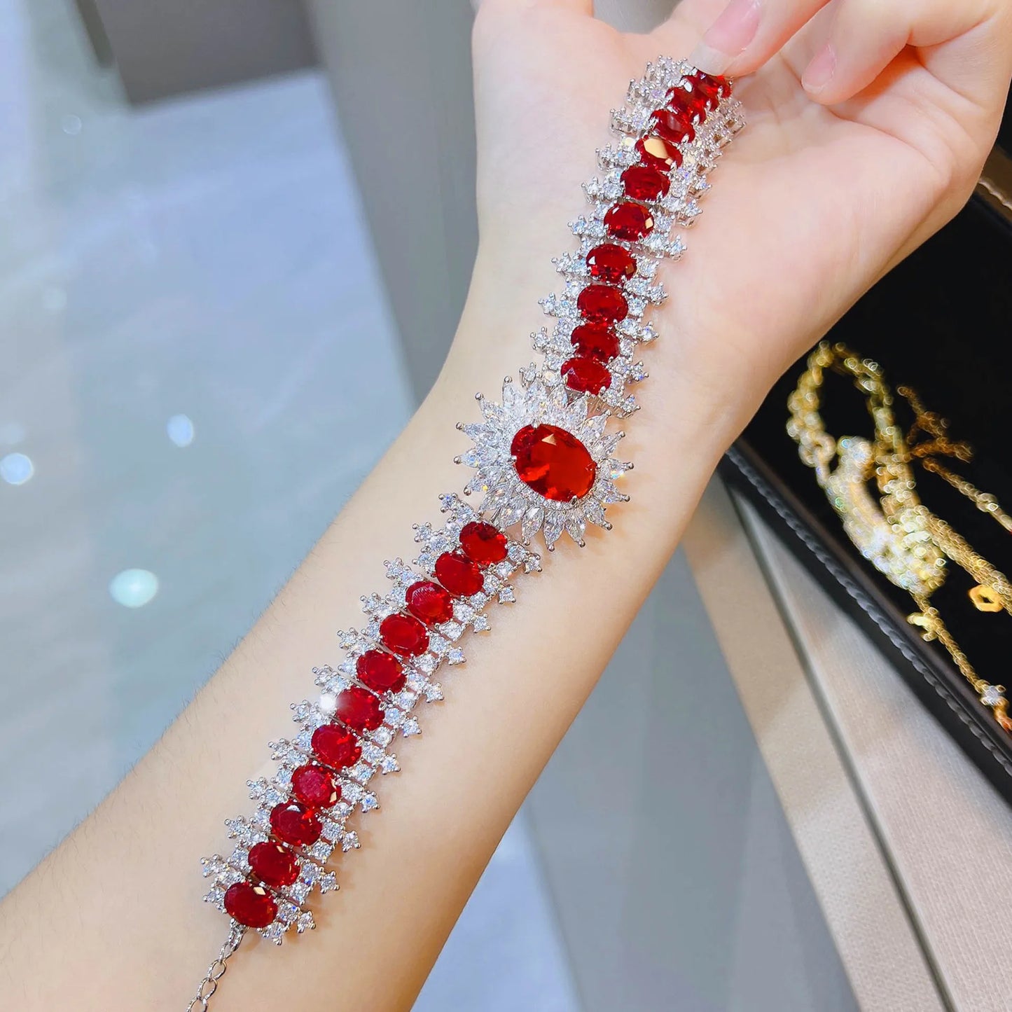Women Necklace plated 18K red zircon flower bracelet